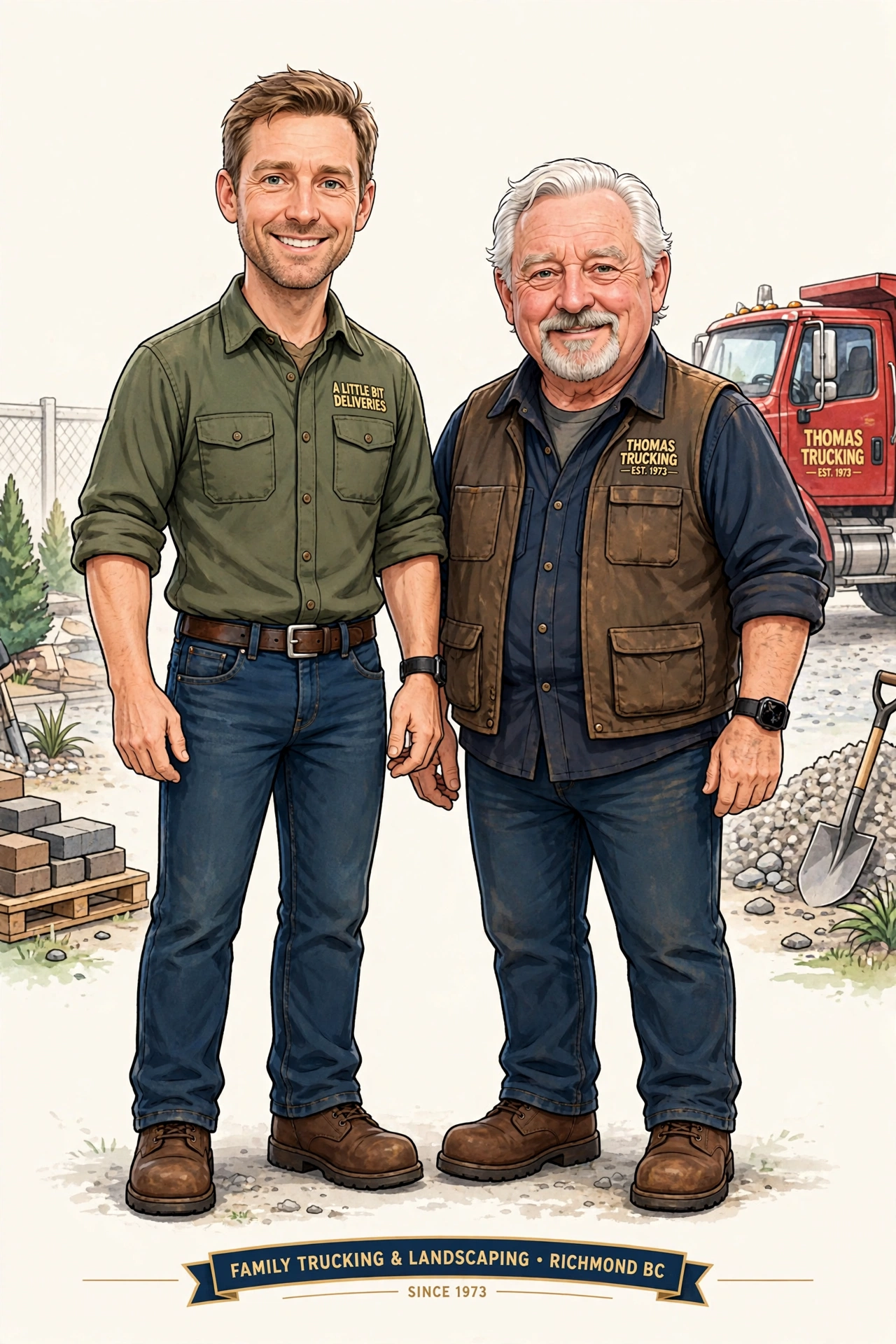 Cartoon portrait of Bob Thomas and Jeff Thomas of Thomas Trucking standing in front of their red dump truck